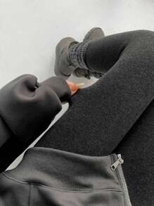 1 quần legging lót nhiệt kẻ sọc dọc giúp thon gọn cho nữ, quần bó ấm áp và thường ngày để mặc hàng ngày, mùa thu/đông - Xám - Xem 2