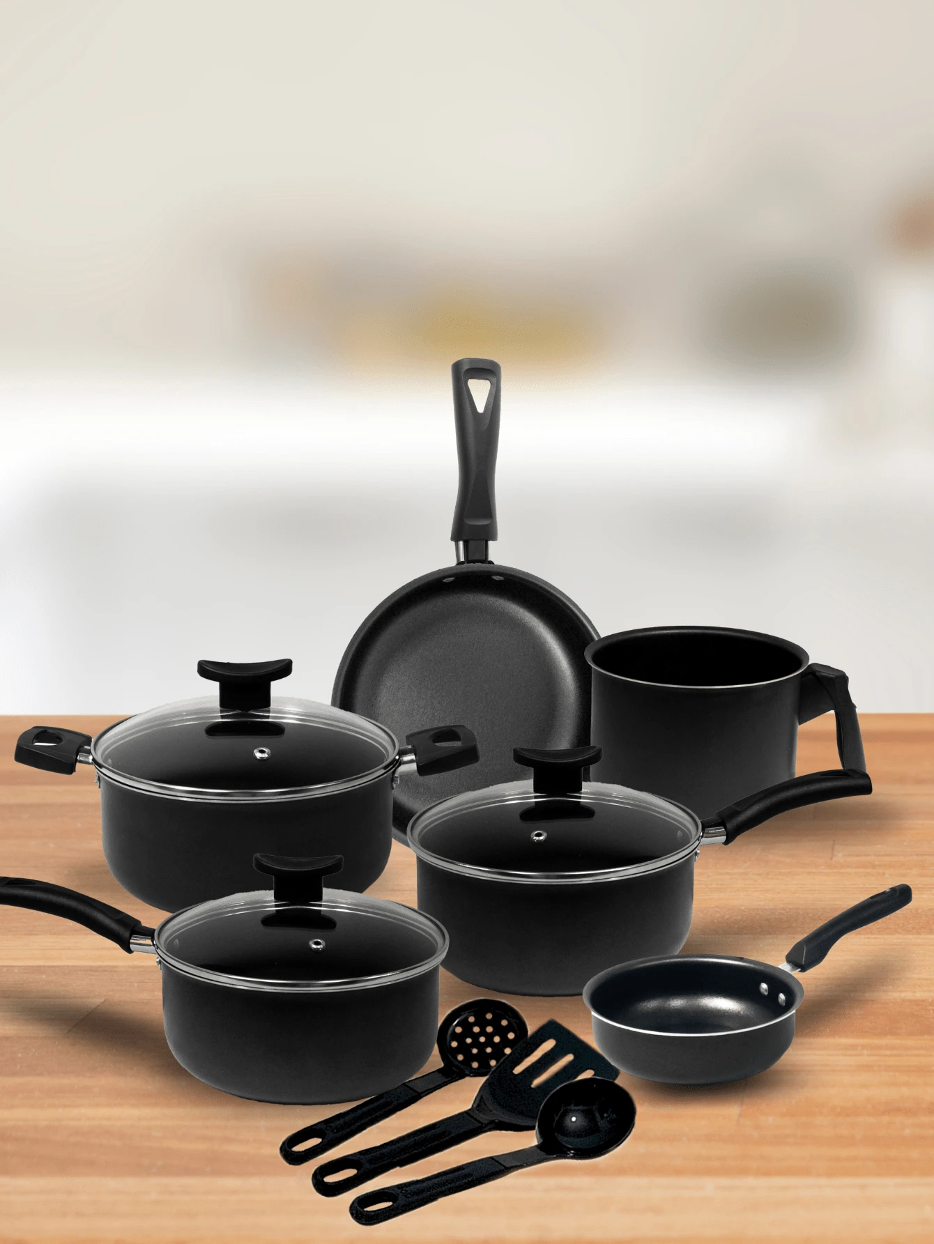 Cookware Set Casseroles Kit 9 Pieces Teflon Non-Stick Glass Lid Cherry Non-Stick Teflon Frying Pan - Negro - Ver 1
