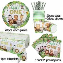 86pcs/Set Jungle Birthday Party Tableware Set Green Leaf Wild One Print Paper Plates Cups Napkins Tablecloth Animals Theme Party Decorations Supplies - Green - View 2