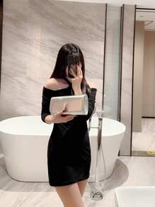 1pc Fashion Minimalist Leather Flap Clutch, Formal Dress Accessory Envelope Bag With Shiny Metal Edge Decor, Party Handbag With Chain Strap, Suitable For Ball, Gathering, Birthday Party