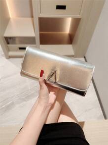 1pc Fashion Minimalist Leather Flap Clutch, Formal Dress Accessory Envelope Bag With Shiny Metal Edge Decor, Party Handbag With Chain Strap, Suitable For Ball, Gathering, Birthday Party