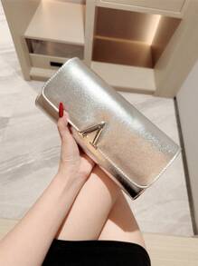 1pc Fashion Minimalist Leather Flap Clutch, Formal Dress Accessory Envelope Bag With Shiny Metal Edge Decor, Party Handbag With Chain Strap, Suitable For Ball, Gathering, Birthday Party