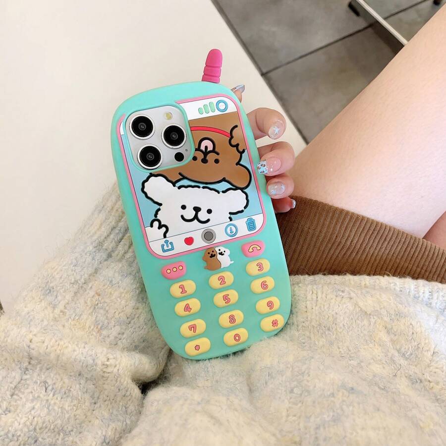 全新 3D 电话设计可爱卡通线条艺术小狗手机壳兼容 iPhone 12 13 14 15 16 Pro Max Pro，趣味创意防震软壳带复古按钮