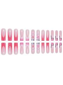 24 件/套水滴形假指甲 3D 波浪可爱珍珠花和黑白条纹渐变适合所有女性和女孩，包括指甲锉和凝胶胶，方便使用 - 珊瑚粉 - 查看 2