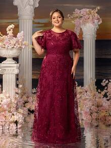加大女士短款喇叭袖亮片新娘妈妈礼服，带串珠花朵装饰柱式 - 酒紅色 - 查看 5