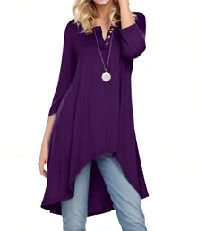 Women's Three Quarter Sleeve Button Up V Neck High Low Loose Casual Long Tunic T-Shirt - Màu tím - Xem 5