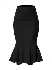 女士办公室/通勤高腰及膝修身铅笔裙，弹性涤纶混纺，适合所有季节