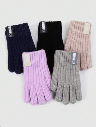 2 Pairs Children Thick Knitted Full Finger Gloves, Warm & Windproof, Unisex For Boys & Girls, Solid Color, Suitable For 3-12 Years Old, Autumn/Winter