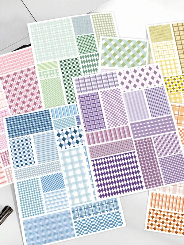 8pcs Plaid Material Puzzle Stickers Laptop Handbook Phone Case Decorative Stickers,School Supplies,Back To School
