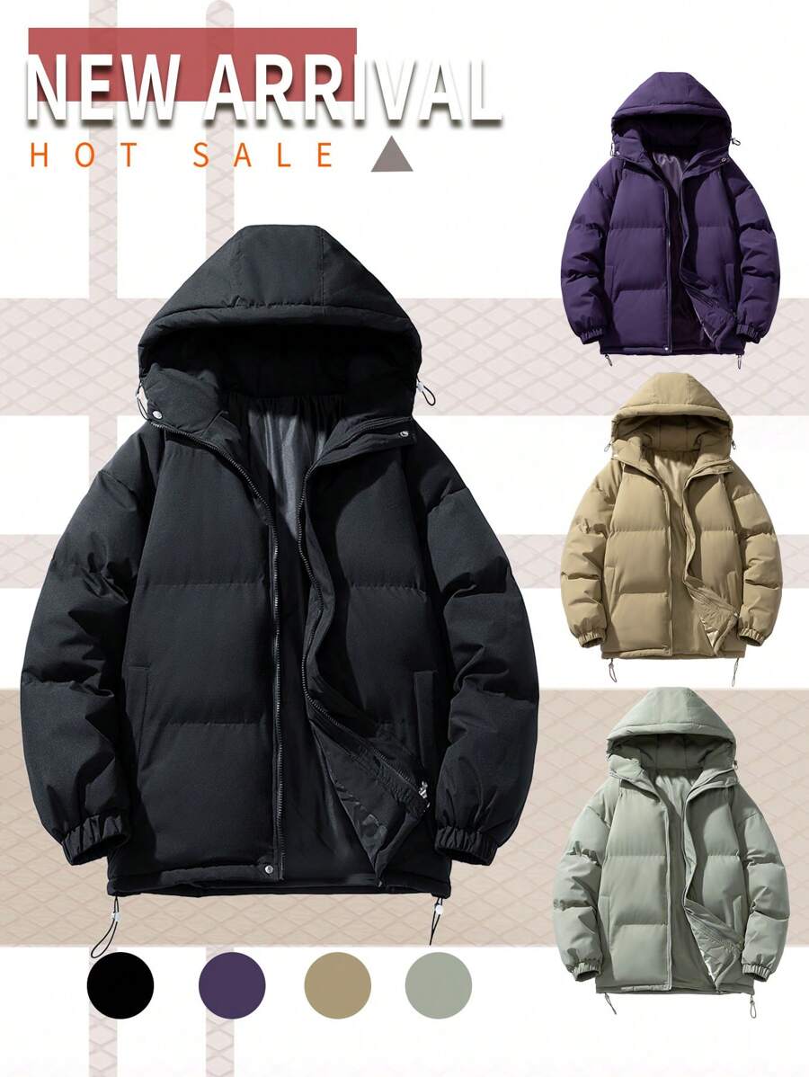 New Men's Loose Fit Hooded Puffer Jacket, Couple Outdoor Casual Top - Black - View 1