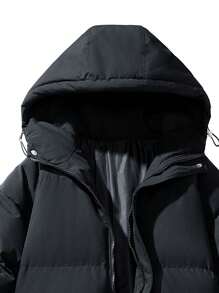 New Men's Loose Fit Hooded Puffer Jacket, Couple Outdoor Casual Top - Black - View 3