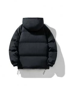 New Men's Loose Fit Hooded Puffer Jacket, Couple Outdoor Casual Top - Black - View 2