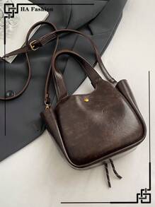 1 件复古巧克力色手提包，时尚水桶包配铃铛吊饰单肩包 - 咖啡棕 - 查看 7