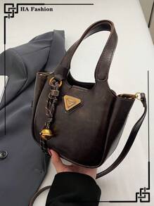 1 件复古巧克力色手提包，时尚水桶包配铃铛吊饰单肩包 - 咖啡棕 - 查看 2