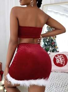 Women's Christmas Skirt Outfits Contrast Color Crop Tube Tops + Bodycon Mini Skirt - 紅色 - 查看 5