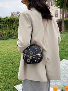 Mini bolsa redonda bordada, bolsa transversal com decoração de coração de corrente, bolsa circular com padrão de estrela e lua, presente de dia dos namorados, bolsa redonda pequena retrô de PU, bolsa de corrente estilo francês feminina, bolsa transversal de ombro bordada da moda