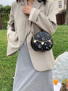Mini bolsa redonda bordada, bolsa transversal com decoração de coração de corrente, bolsa circular com padrão de estrela e lua, presente de dia dos namorados, bolsa redonda pequena retrô de PU, bolsa de corrente estilo francês feminina, bolsa transversal de ombro bordada da moda