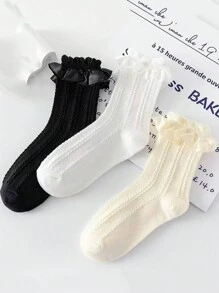 3 双洛丽塔蕾丝边中筒袜，可爱日式时尚风格，夏季，白色 - 彩色 - 查看 3