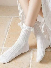 3 双洛丽塔蕾丝边中筒袜，可爱日式时尚风格，夏季，白色 - 彩色 - 查看 4