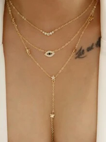 2 chiếc mặt dây chuyền ngôi sao mắt quỷ đính đá Zirconia thời trang Châu Âu & Mỹ nhiều lớp, phù hợp cho trang phục hàng ngày, tiệc tùng và mọi dịp, món quà trang sức tuyệt vời nhất cho ngày lễ - Vàng - Xem 1