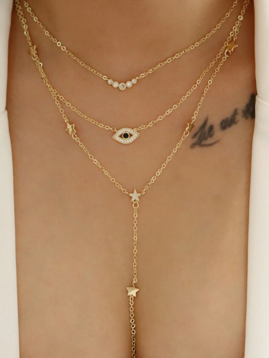 2 chiếc mặt dây chuyền ngôi sao mắt quỷ đính đá Zirconia thời trang Châu Âu & Mỹ nhiều lớp, phù hợp cho trang phục hàng ngày, tiệc tùng và mọi dịp, món quà trang sức tuyệt vời nhất cho ngày lễ - Vàng - Xem 1