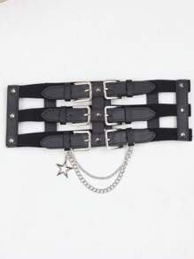 1 pieza Cinturón de estilo punk europeo y americano con cadena para mujer, banda decorativa para la cintura para vestidos y chaquetas, accesorio de entrenador de cintura de verano para damas, decoración de cadena gótica punk para vestido, cinturón negro de mujer para vestido, entrenador de cintura para adelgazamiento y control del abdomen