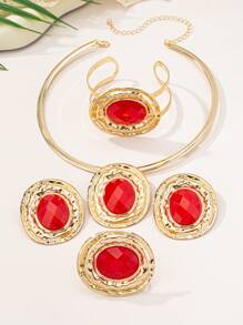 1 件/套 2025 新款欧美夸张个性金属网菱形仿珍珠戒指耳环手链项链套装，小众高端优雅百搭珠宝套装，适合女士、派对和日常佩戴，礼物 - 首飾套裝 - 查看 37