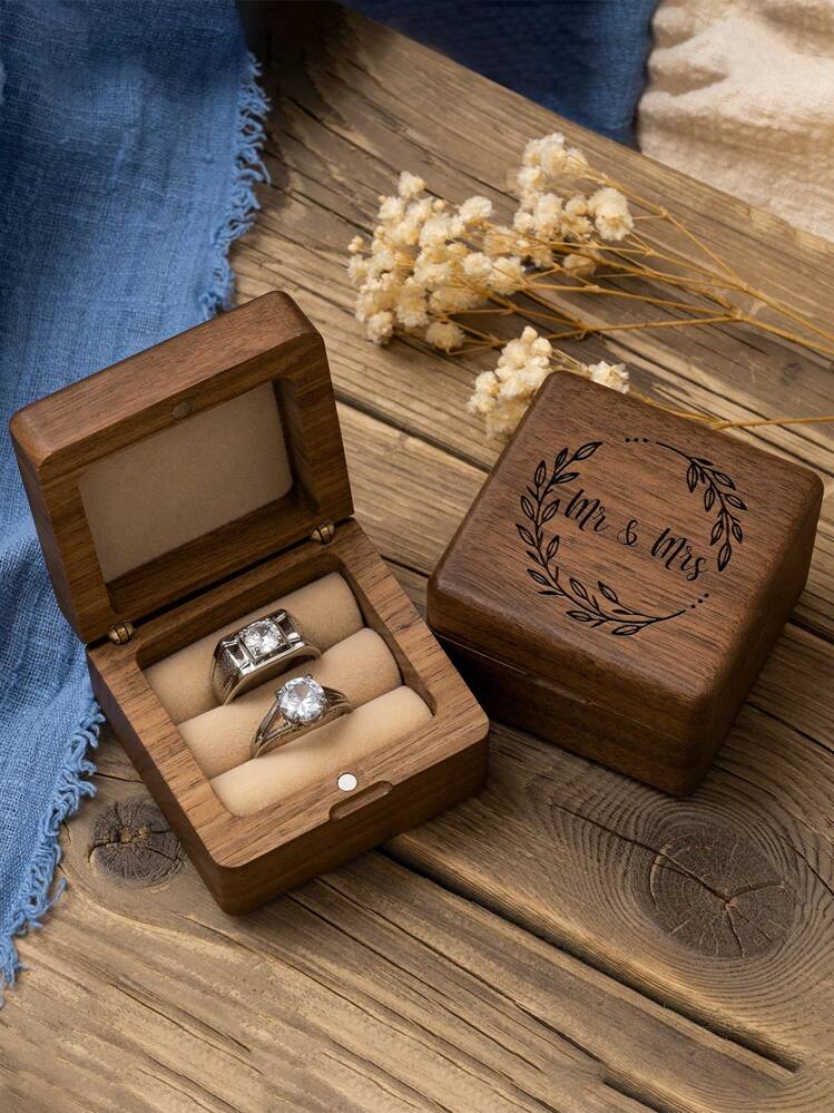 1pc Wooden Jewelry Box, Modern Letter Graphic Jewelry Storage Box For Home, Gift For Valentine's Day Back To School - Brown - View 5