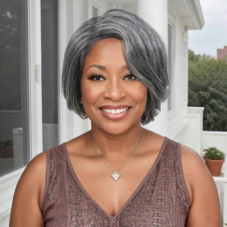 MORICHY Salt And Pepper Grey Wigs Human Hair For Black Women Glueless Grey Human Hair Wig For Older Women Gray Wigs For Women Human Hair Mixed Bob Wear And Go Glueless Grey Wig - 直層灰色假髮 - 查看 1