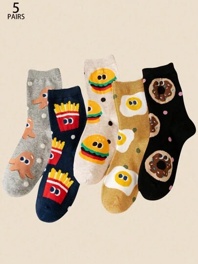 5/10双装女士船袜，可爱个性化美式汉堡薯条卡通提花袜，柔软舒适，适合居家、聚会、送礼、四季日常穿着、上学必备长袜