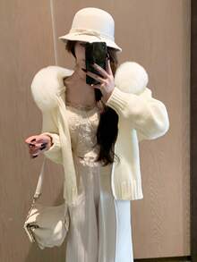 女士毛领连帽针织开衫，舒适韩版，秋冬