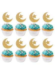 36PCPicksS Glitter Moon Star Cupcake Toppers Tort Toppers Twinkle Crescent Moon And Star Cake Picks Dekoracja Tortu Na Urodziny Wesele Akcesoria