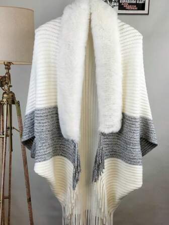 1pc Cape Shawl Wide Fur Collar Warm Tassel Knitted Cardigan High-End Women's Furry Gorgeous Shawl