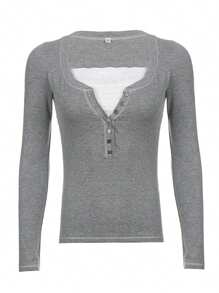 Women Teen Girls Clothes Lace Stitching V-Neck Fairy Crop Tops Y2K Long Sleeve Tight Shirt Spring Fall Downtown Girl Coquette Clothing Tops For Girls - 灰色 - 查看 7