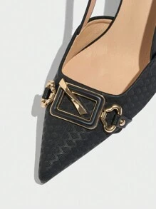 Giày cao gót hở mũi kim loại trang trí cho nữ, giày cao gót đế mèo, màu trơn đơn giản và thoải mái, thanh lịch khi đi làm, tiệc tối, dịp trang trọng, mùa thu/đông, da PU đen - màu đen - Xem 7