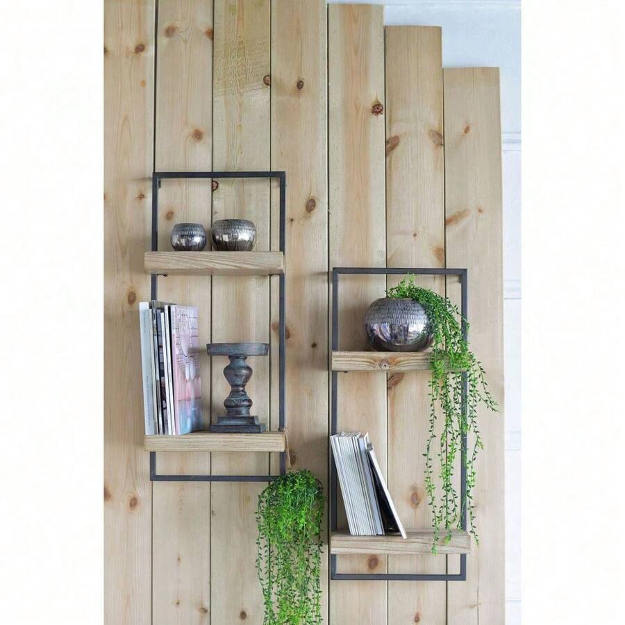 12x6x27" Iron And Wood Wall Shelf With Two Shelves,CozyUpRoom Decor