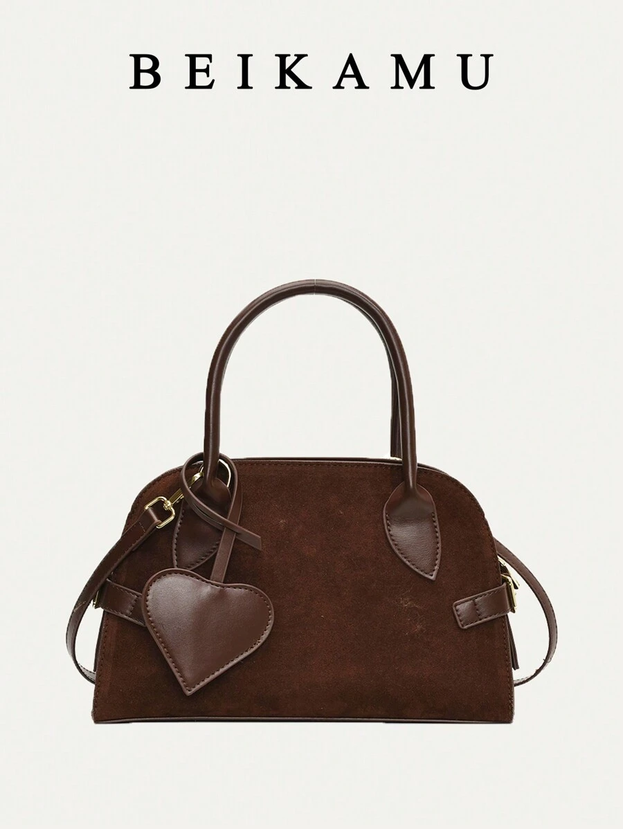 1 件优雅精致的哑光纹理波士顿手提包，大容量仿麂皮斜挎包，适合职业女性、通勤和旅行 - 咖啡棕 - 查看 1