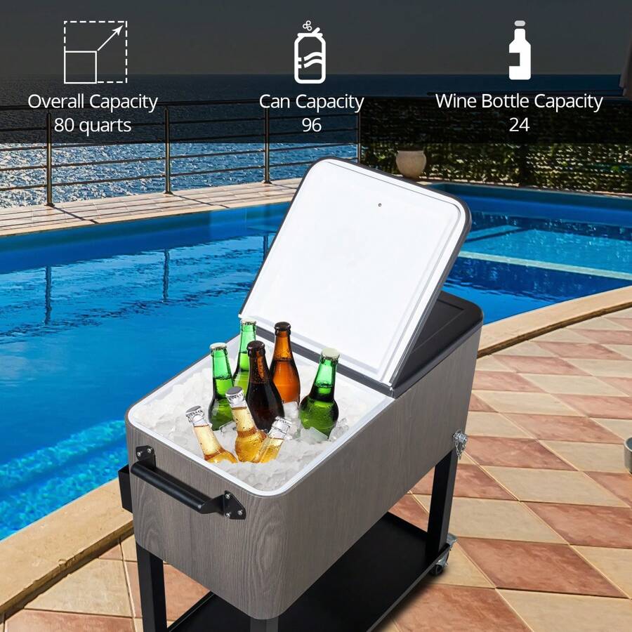 80 QT Rolling Cooler Cart Ice Chest, Portable Patio Party Bar Cart With