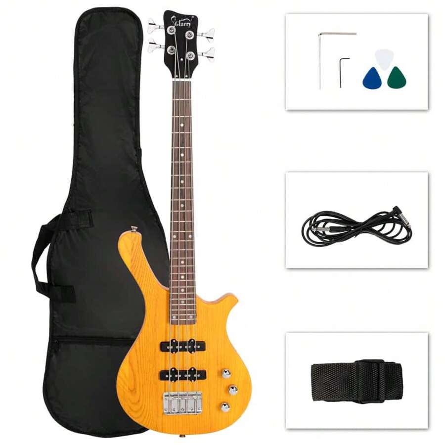 GW101 36in Small Scale Electric Bass Guitar Suit With Mahogany Body SS Pickups, Guitar Bag, Strap, Cable Red - 黃色 - 查看 1