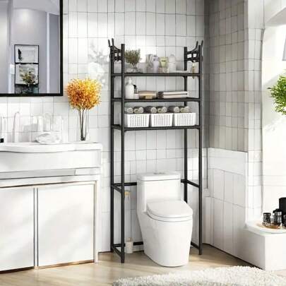 1pc Storage Rack Above Toilet, Floor-Standing Bathroom Toilet Storage Rack, Bathroom Organizer Rack, Widened Hook. Material: Plastic Parts + Paint Tube + PP Sheet