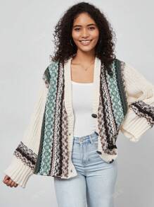Women's Casual Loose Jacquard Print Turndown Collar Loose Jacket