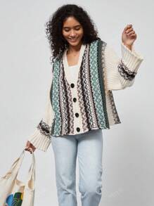 Women's Casual Loose Jacquard Print Turndown Collar Loose Jacket