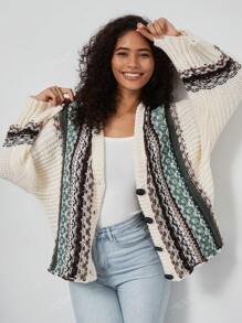 Women's Casual Loose Jacquard Print Turndown Collar Loose Jacket