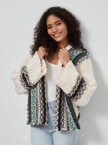 Women's Casual Loose Jacquard Print Turndown Collar Loose Jacket