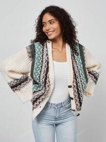 Women's Casual Loose Jacquard Print Turndown Collar Loose Jacket