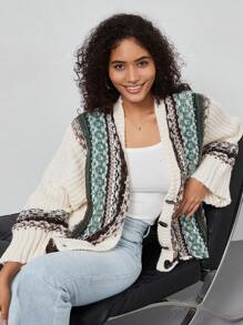 Women's Casual Loose Jacquard Print Turndown Collar Loose Jacket