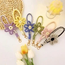 Dây đeo điện thoại di động đan thủ công hình hoa & móc khóa, Dây đeo điện thoại di động hình hoa phong cách đồng quê - Xám - Xem 4
