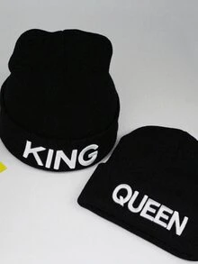 Aylhfo 1/2件秋冬流行KING QUEEN刺绣保暖针织帽情侣毛线帽套头帽冬帽 - 彩色 - 查看 4