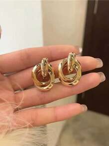 1 对经典金属几何十字交叉圆形耳钉 - 金黃色 - 查看 2