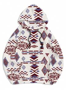 Men's Totem Print Hooded Fleece Sweatshirt - Red and White - View 3